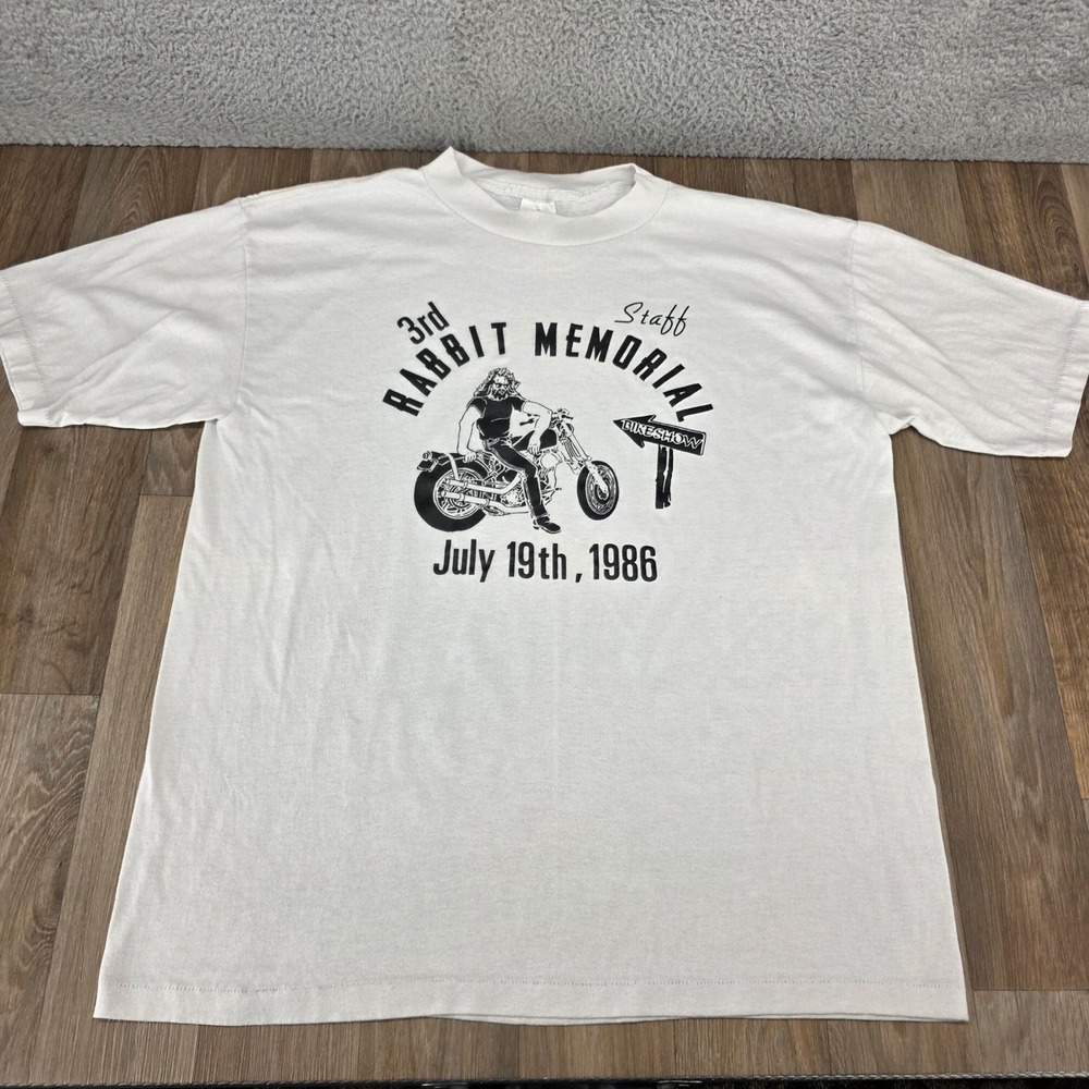 Vintage 1986 Rabbit Memorial Biker Staff T-Shirt Miller XL White Single Stitch